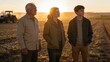 © PencariCuan - Three generations of a farming family standing in a field at sunset with a tractor in the background for a cinematic rural lifestyle portrait