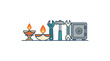 © Lail - A collection of diverse icons including diyas tools and a metal safe.