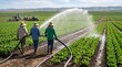 © Ray - Agricultural workers watering green crops with high pressure hose, farm irrigation system in rural field, manual labor in commercial farming