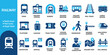 © Iconsetpro - Railway solid icon set with public train transportation. Vector illustration of realistic subway transit flat symbol, colorful travel passenger ticket station platform luggage template.