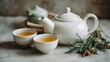 © Sinechana - 71.Tea concept scene featuring white teapot and two cups filled with herbal tea, simple table setting, neutral tones, relaxing and refreshing lifestyle mood