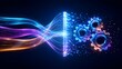 © Pesek Studio - Futuristic data stream flowing into glowing neon gears representing digital transformation, data processing, and automated algorithms in software. development.