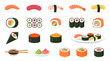 © Bob aja - A comprehensive collection of various Japanese sushi, sashimi, and maki rolls, including nigiri, temaki, and uramaki, served with soy sauce and chopsticks.