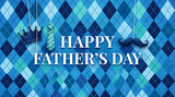 Happy Fathers Day text with crown tie and mustache icons on blue argyle background