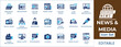 © icon_solution - News and media icon set featuring breaking news broadcasting, live television interview, newspaper press release, journalism microphone, video camera recording, and blog symbols.