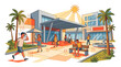 © TRISKADESI - Modern vibrant urban shopping and leisure district with lively visitors and tropical landscaping under bright sunlight