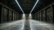 © Stock Fire - Empty industrial warehouse interior with concrete walls and long linear overhead led lighting