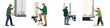 © Slamet - Vector illustration set of truck drivers performing logistics tasks such as loading, securing cargo, and operating trailer doors on a white background.