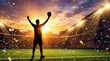 © silapin - Silhouette of soccer player raising arms holding ball celebrating victory at sunset stadium with golden confetti falling