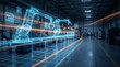 © Design Store - Futuristic factory automation with glowing digital wireframe robotic arms on production line, advanced manufacturing technology, industrial innovation, smart factory concept.