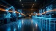 © Design Store - Futuristic factory automation with glowing digital wireframe robotic arms on production line, advanced manufacturing technology, industrial innovation, smart factory concept.