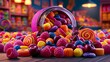 © Shamim Alrazi - Assorted candies spilling from a jar onto a wooden surface during a vibrant display