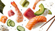 © Digital Assets - ushi Ingredient Collection Featuring Fresh Salmon, Tuna, Shrimp, Avocado, Nori and Traditional Condiments on Clean White Background