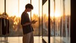 © Vasyl - Man with curly hair looking at his phone in modern gallery at sunset. Man engrossed in his smartphone while standing in contemporary art gallery with warm golden hour light streaming through windows