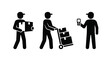 © Essential Design Lab - Logistics and delivery service workers represented as black silhouettes, featuring a courier carrying a box, a worker using a hand truck, and a delivery person with a scanner, logistics concept.