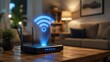 © olga_demina - A wireless router with a glowing blue Wi-Fi symbol hologram, visualizing internet connection and advanced networking technology in a professional setting