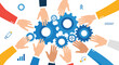 © Norman - Many diverse hands reaching towards a group of blue interconnected gears in the center, representing teamwork and synchronization in business.