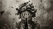 © pro stock photos - Desperate person covered in mud and leaves hands over face in despair leaves exploding outwards in dramatic sepia tone representing emotional turmoil mental breakdown