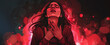 © Jana - An emotional digital painting depicting a distressed woman in red lighting clutching her throat with an intense expression of suffering