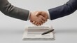 © zihan - Faceless 3D Puffy Hands Shaking Over Minimalist Construction Project Contract on White Background
