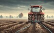 © vectorizer88 - Red Tractor Driving Away From Camera While Cable Laying in a Field
