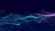 © Alina - Cyan and purple dotted wave on dark blue background. Glowing particle grid forms a smooth digital landscape for technology, data signal and abstract background design.