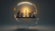 © Sri - A chess board with a glowing king piece placed inside a transparent human head profile, representing strategic thinking, business planning, logic, and intellectual mindset