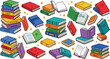 © MDSabbir - Colorful cartoon book set with open textbooks stacks of literature novels and starry library reading elements