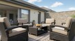 © lililia - Modern outdoor patio with comfortable seating beside a contemporary home. Luxury living, backyard comfort, home design, relaxing lifestyle, outdoor entertaining.