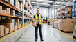© Nuraya - Wide warehouse management concept. Female logistics manager with clipboard in bright warehouse aisle. Supply chain concept.