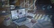 © vectorfusionart - Child writing notes as teacher speaking on laptop for class, globe map overlaying child and laptop