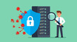 © Fendi - Man investigates server with shield and lock against virus attack in office