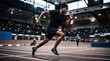 © Marlon - Black male athlete sprinting intensely on indoor track with focused expression and sweat visible, showcasing dedication and peak physical condition