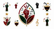 © Arul - african american cultural symbols, leaf with raised fist, musical notes, stars, and drums