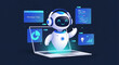 © MSTRAHIMA - Cute 3D robot character working on laptop with digital data dashboard artificial intelligence technology analytics dashboard automation character computer software innovation programming
