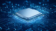© Lutfi - High-Tech CPU Microprocessor on Futuristic Blue Circuit Board with Glowing Digital Lines, Representing AI Computing, Data Processing, and Global Network Technology