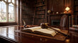 © NurAiniDewi - Gavel placed on an antique open law book in a classic mahogany library office represents the weight of judicial authority and legal wisdom.