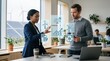 © iona - Colleagues discussing renewable energy icons floating in air, wind turbine and solar panel symbols, office window background, sustainability consultation, green power solutions