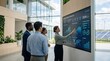 © Ivan - Business team analyzing renewable energy integration dashboard, sustainable technology goals and green power metrics in modern eco-friendly office building with solar panels view