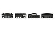 © Muhammad - Industrial warehouse building icons set, black silhouette factory and storage facility vector, 4 commercial logistics depot units for supply chain
