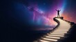 © 正雄 - 星空へと続く光の階段と頂上で万歳する人のシルエット