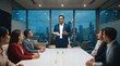 © AspctStyle - Indian Businessman Leading Corporate Conference Meeting in Evening Boardroom with City Skyline View for Professional Leadership Presentations