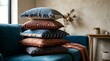 © Garin - Stack of patterned decorative pillows on a blue velvet sofa