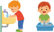 © Parvin - Cartoon vector set of children washing hands with soap at sink for hygiene and cleanliness routine