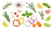 © Syahrul Zulmi - Fresh vegetable and herb assortment with lemon and onion slices for healthy cooking.
