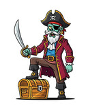 Zombie pirate with sword standing on treasure chest, dressed in pirate attire