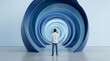 © Ms - Person Standing in Futuristic Blue Tunnel with Concentric Light Rings and Digital Glow