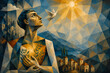 © Aeris Flow - Abstract geometric portrait of a hopeful young man with white dove and golden light