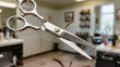 © Наталия Пилипенко - A close-up view of professional hairdressing scissors cutting hair in a salon setting, highlighting precision grooming, haircutting technique, and beauty services