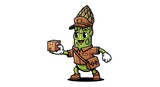 Cartoon pirate character holding treasure chest.